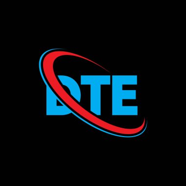 DTE logosu. DTE mektubu. DTE harf logo tasarımı. Çember ve büyük harfli monogram logosuna bağlı baş harfler DTE logosu. Teknoloji, iş ve emlak markası için DTE tipografisi.
