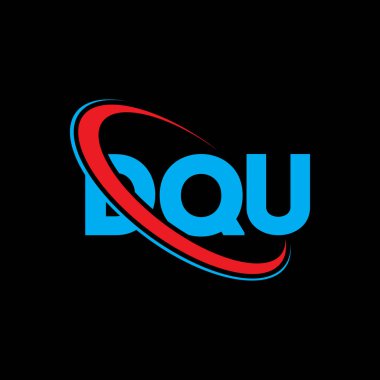 DQU logosu. DQU mektubu. DQU harf logosu tasarımı. Daire ve büyük harfli monogram logosuna bağlı DQU logosu. Teknoloji, iş ve emlak markası için DQU tipografisi.