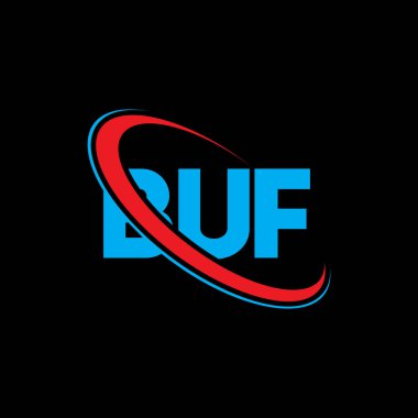 Buf logosu. Buf mektubu. BUF mektup logosu tasarımı. Çember ve büyük harfli monogram logosuna bağlı baş harfler BUF logosu. Teknoloji, iş ve emlak markası için BUF tipografisi.