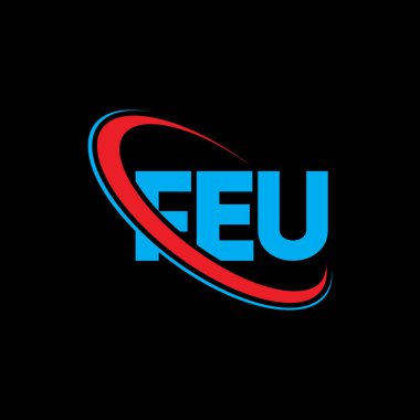 FEU logosu. FEU mektubu. FEU mektup logosu tasarımı. Çember ve büyük harfli monogram logosuna bağlı FEU logosu. Teknoloji, iş ve emlak markası için FEU tipografisi.