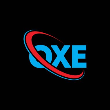 OXE logosu. OXE mektubu. OXE harf logosu tasarımı. Çember ve büyük harfli monogram logosuyla birleştirilmiş OXE logosu. Teknoloji, iş ve emlak markası için OXE tipografisi.