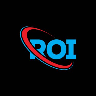 ROI logosu. ROI mektubu. ROI harf logosu tasarımı. Çember ve büyük harfli monogram logosuyla birleştirilmiş ROI logosu. Teknoloji, iş ve emlak markası için ROI tipografisi.