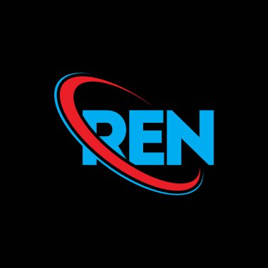 REN logosu. Kırmızı harf. REN harf logosu tasarımı. Çember ve büyük harfli monogram logosuna bağlı baş harfler REN logosu. Teknoloji, iş ve emlak markası için REN tipografisi.