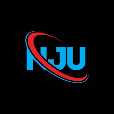 NJU logosu. NJU mektubu. NJU mektup logosu tasarımı. Çember ve büyük harfli monogram logosuna bağlı baş harfler NJU logosu. Teknoloji, iş ve emlak markası için NJU tipografisi.