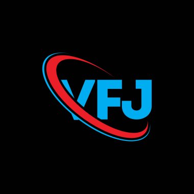 VFJ logosu. VFJ mektubu. VFJ harf logosu tasarımı. Çember ve büyük harfli monogram logosuna bağlı VFJ logosu. Teknoloji, iş ve emlak markası için VFJ tipografisi.