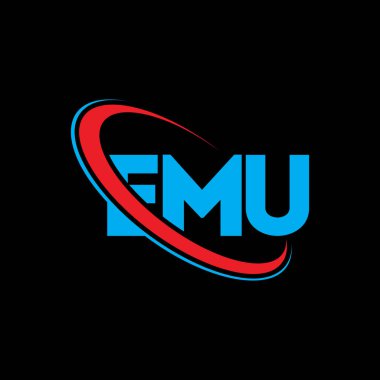 EMU logosu. EMU mektubu. EMU mektup logosu tasarımı. Çember ve büyük harfli monogram logosuyla birleştirilmiş EMU logosu. Teknoloji, iş ve emlak markası için EMU tipografisi.