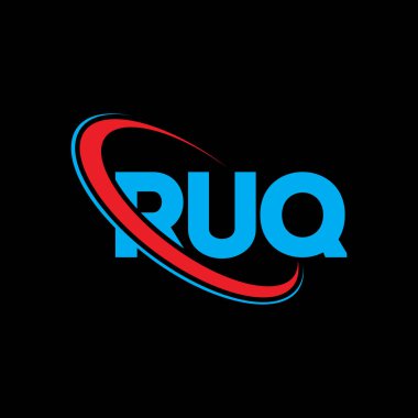 RuQ logosu. RuQ mektubu. RuQ harfli logo tasarımı. Çember ve büyük harfli monogram logosuna bağlı RUQ logosu. Teknoloji, iş ve emlak markası için RUQ tipografisi.