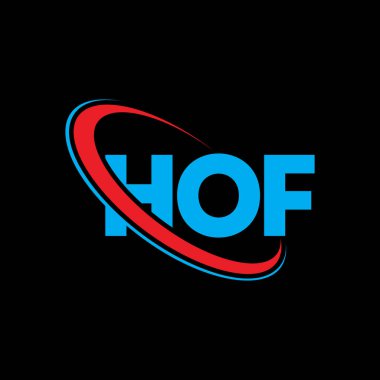 HOF logosu. Hof mektubu. HOF mektup logosu tasarımı. Çember ve büyük harfli monogram logosuna bağlı HOF logosu. Teknoloji, iş ve emlak markası için HOF tipografisi.