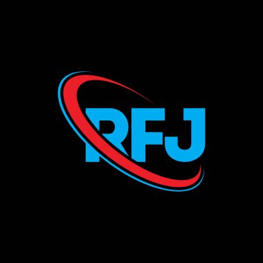 RFJ logosu. RFJ mektubu. RFJ harf logosu tasarımı. Çember ve büyük harfli monogram logosuna bağlı baş harfler RFJ logosu. Teknoloji, iş ve emlak markası için RFJ tipografisi.