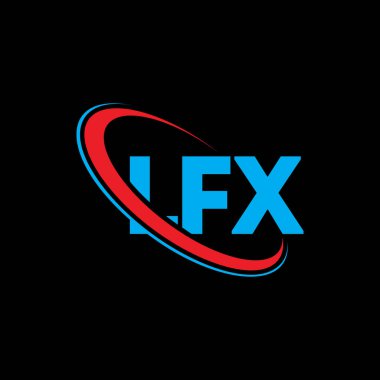 LFX logosu. LFX mektubu. LFX harfli logo tasarımı. Çember ve büyük harfli monogram logosuna bağlı ilk LFX logosu. Teknoloji, iş ve emlak markası için LFX tipografisi.