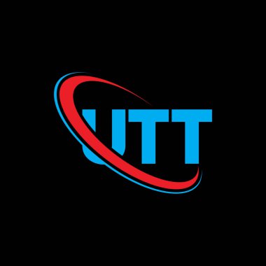 UTT logosu. UTT mektubu. UTT harf logosu tasarımı. Çember ve büyük harfli monogram logosuna bağlı ilk UTT logosu. Teknoloji, iş ve emlak markası için UTT tipografisi.