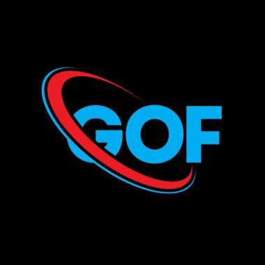 GOF logosu. GOF mektubu. GOF harf logosu tasarımı. Çember ve büyük harfli monogram logosuna bağlı baş harfler GOF logosu. Teknoloji, iş ve emlak markası için GOF tipografisi.