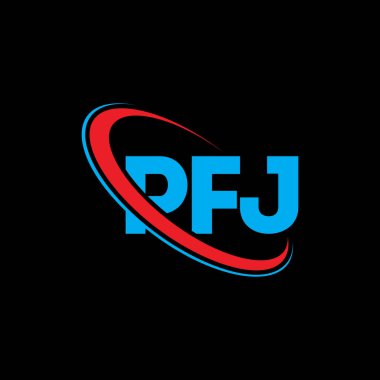 PFJ logosu. PFJ mektubu. PFJ mektup logosu tasarımı. Çember ve büyük harfli monogram logosuyla PFJ logosunun baş harfleri. Teknoloji, iş ve emlak markası için PFJ tipografisi.