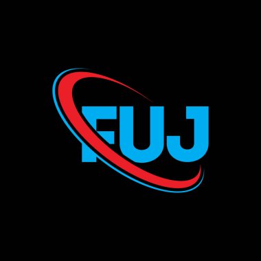 FUJ logosu. FUJ mektubu. FUJ harf logosu tasarımı. Çember ve büyük harfli monogram logosuna bağlı FUJ logosu. Teknoloji, iş ve emlak markası için FUJ tipografisi.