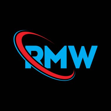 RMW logosu. RMW mektubu. RMW harf logosu tasarımı. Daireye ve büyük harfli monogram logosuna bağlı RMW logosu. Teknoloji, iş ve emlak markası için RMW tipografisi.