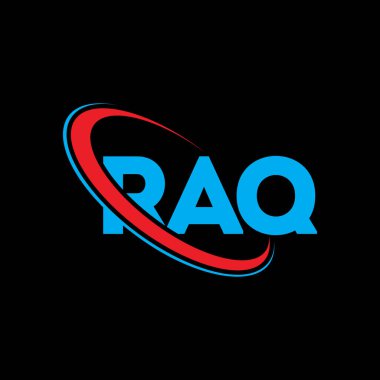 RAQ logosu. RAQ mektubu. RAQ harf logosu tasarımı. Çember ve büyük harfli monogram logosuna bağlı baş harfler RAQ logosu. Teknoloji, iş ve emlak markası için RAQ tipografisi.