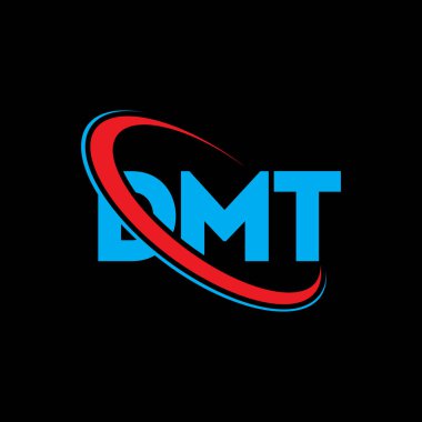 DMT logosu. DMT mektubu. DMT harf logosu tasarımı. Çember ve büyük harfli monogram logosuna bağlı baş harfler DMT logosu. Teknoloji, iş ve emlak markası için DMT tipografisi.