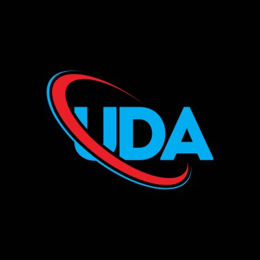 UDA logosu. UDA mektubu. UDA harf logosu tasarımı. Çember ve büyük harfli monogram logosuna bağlı UDA logosu. Teknoloji, iş ve emlak markası için UDA tipografisi.