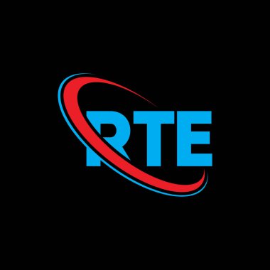 RTE logosu. RTE mektubu. RTE harfi logo tasarımı. Çember ve büyük harfli monogram logosuna bağlı RTE logosu. Teknoloji, iş ve emlak markası için RTE tipografisi.