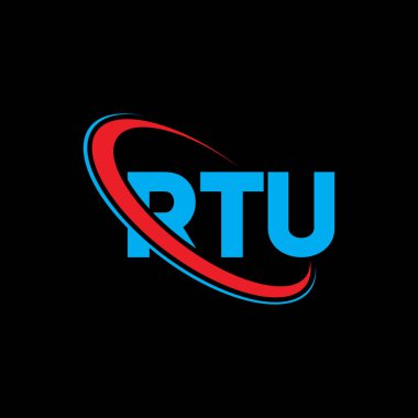 RTU logosu. RTU mektubu. RTU harf logosu tasarımı. Çember ve büyük harfli monogram logosuna bağlı RTU logosu. Teknoloji, iş ve emlak markası için RTU tipografisi.