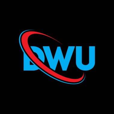 DWU logosu. DWU mektubu. DWU mektup logosu tasarımı. Daire ve büyük harfli monogram logosuna bağlı baş harfler. Teknoloji, iş ve emlak markası için DWU tipografisi.