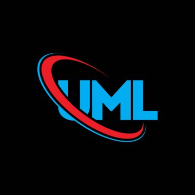 UML logosu. UML mektubu. UML harf logosu tasarımı. Çember ve büyük harfli monogram logosuna bağlı ilk UML logosu. Teknoloji, iş ve emlak markası için UML tipografisi.