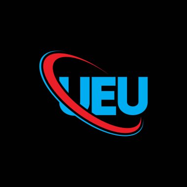 UEU logosu. UEU mektubu. UEU harfi logo tasarımı. Çember ve büyük harfli monogram logosuna bağlı UEU logosu. UEU teknoloji, iş ve emlak markası tipografisi.