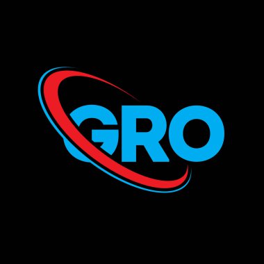 GRO logosu. GRO mektubu. GRO harf logosu tasarımı. Çember ve büyük harfli monogram logosuna bağlı GRO logosunun baş harfleri. Teknoloji, iş ve emlak markası için GRO tipografisi.