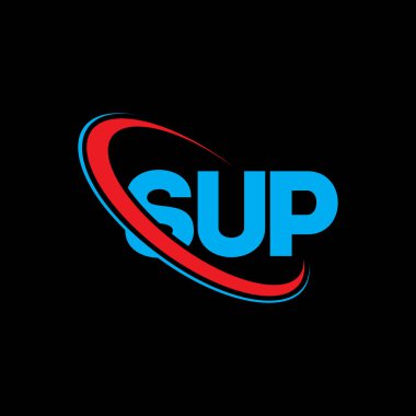 SUP logosu. Sup mektubu. SUP harf logosu tasarımı. Daireye ve büyük harfli monogram logosuna bağlı SUP logosu. Teknoloji, iş ve emlak markası için SUP tipografisi.