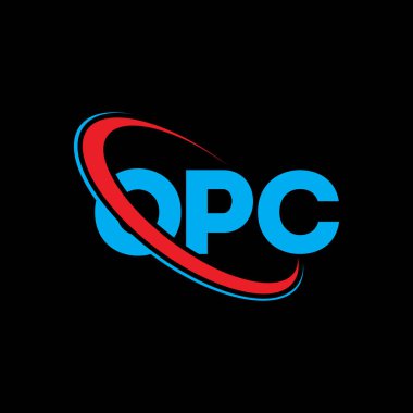 OPC logosu. OPC mektubu. OPC harf logosu tasarımı. Çember ve büyük harfli monogram logosuna bağlı OPC logosu. Teknoloji, iş ve emlak markası için OPC tipografisi.