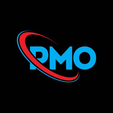 PMO logosu. PMO mektubu. PMO mektup logosu tasarımı. Çember ve büyük harfli monogram logosuyla PMO logosunun baş harfleri. Teknoloji, iş ve emlak markası için PMO tipografisi.