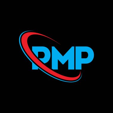 PMP logosu. PMP mektubu. PMP harfli logo tasarımı. Çember ve büyük harfli monogram logosuna bağlı PMP logosu. Teknoloji, iş ve emlak markası için PMP tipografisi.