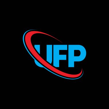UFP logosu. UFP mektubu. UFP harf logosu tasarımı. Çember ve büyük harfli monogram logosuna bağlı ilk UFP logosu. Teknoloji, iş ve emlak markası için UFP tipografisi.