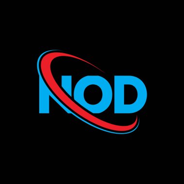 NOD logosu. NOD mektubu. NOD harf logosu tasarımı. Çember ve büyük harfli monogram logosuna bağlı ilk NOD logosu. Teknoloji, iş ve emlak markası için NOD tipografisi.