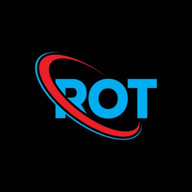 Rot logosu. Rot mektubu. ROT harf logosu tasarımı. Çember ve büyük harfli monogram logosuyla birleştirilmiş ROT logosu. Teknoloji, iş ve emlak markası için ROT tipografisi.