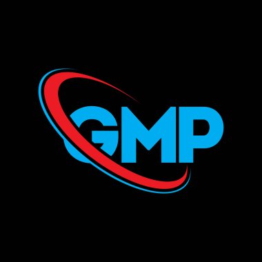 GMP logosu. GMP mektubu. GMP harfi logo tasarımı. Çember ve büyük harfli monogram logosuna bağlı GMP logosu. Teknoloji, iş ve emlak markası için GMP tipografisi.