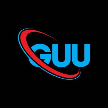 GUU logosu. GUU mektubu. GUU harf logosu tasarımı. Çember ve büyük harfli monogram logosuna bağlı GUU logosu. Teknoloji, iş ve emlak markası için GUU tipografisi.