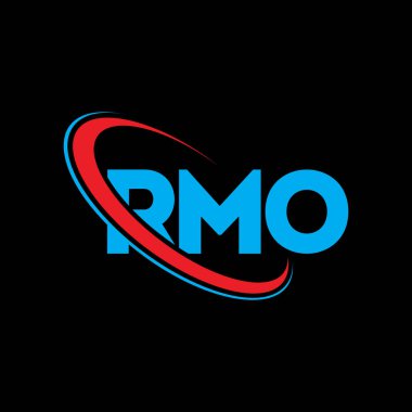 RMO logosu. RMO mektubu. RMO harf logosu tasarımı. Çember ve büyük harfli monogram logosuna bağlı baş harfler RMO logosu. Teknoloji, iş ve emlak markası için RMO tipografisi.