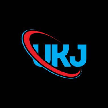 UKJ logosu. UKJ mektubu. UKJ harf logosu tasarımı. Çember ve büyük harfli monogram logosuna bağlı UKJ logosu. Teknoloji, iş ve emlak markası için UKJ tipografisi.