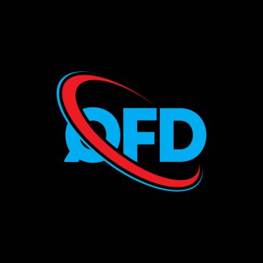 QFD logosu. QFD mektubu. QFD harf logosu tasarımı. Çember ve büyük harfli monogram logosuna bağlı QFD logosu. Teknoloji, iş ve emlak markası için QFD tipografisi.