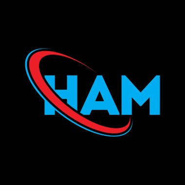 Amatör logo. Ham mektubu. Ham harf logosu tasarımı. Çember ve büyük harfli monogram logosuyla birleştirilmiş HAM logosu. Teknoloji, iş ve emlak markası için HAM tipografisi.