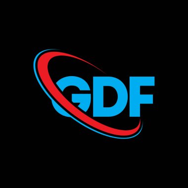 GDF logosu. GDF mektubu. GDF harf logosu tasarımı. Çember ve büyük harfli monogram logosuyla birleştirilmiş GDF logosu. Teknoloji, iş ve emlak markası için GDF tipografisi.