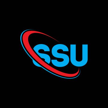 SSU logosu. SSU mektubu. SSU mektup logosu tasarımı. Çember ve büyük harfli monogram logosuna bağlı SSU logosunun baş harfleri. Teknoloji, iş ve emlak markası için SSU tipografisi.