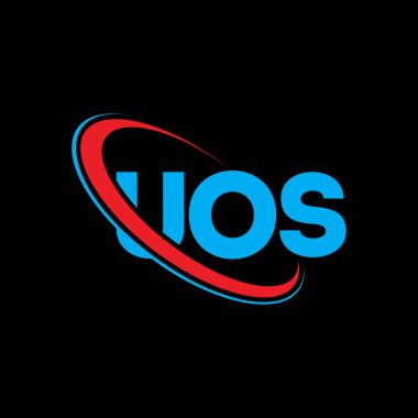 UOS logosu. UOS mektubu. UOS harf logosu tasarımı. Çember ve büyük harfli monogram logosuna bağlı ilk UOS logosu. Teknoloji, iş ve emlak markası için UOS tipografisi.