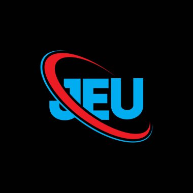 JEU logosu. JEU mektubu. JEU mektup logosu tasarımı. Çember ve büyük harfli monogram logosuna bağlı baş harfler JEU logosu. Teknoloji, iş ve emlak markası için JEU tipografisi.