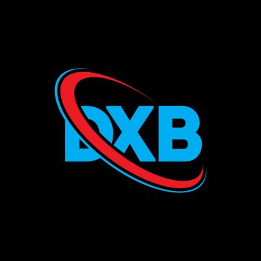 DXB logosu. DXB mektubu. DXB harfli logo tasarımı. Daire ve büyük harfli monogram logosuna bağlı baş harfler. Teknoloji, iş ve emlak markası için DXB tipografisi.