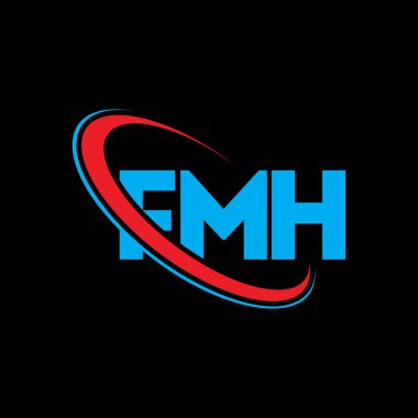 FMH logosu. FMH mektubu. FMH harf logosu tasarımı. Çember ve büyük harfli monogram logosuyla birleştirilmiş FMH logosu. Teknoloji, iş ve emlak markası için FMH tipografisi.