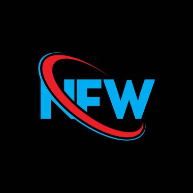 NFW logosu. NFW mektubu. NFW harf logosu tasarımı. Çember ve büyük harfli monogram logosuna bağlı NFW logosu. Teknoloji, iş ve emlak markası için NFW tipografisi.