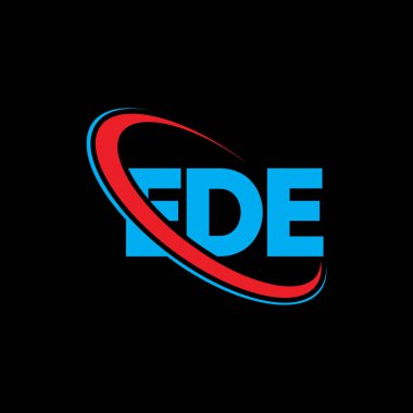 EDE logosu. EDE mektubu. EDE harf logosu tasarımı. Çember ve büyük harfli monogram logosuna bağlı ilk EDE logosu. Teknoloji, iş ve emlak markası için EDE tipografisi.