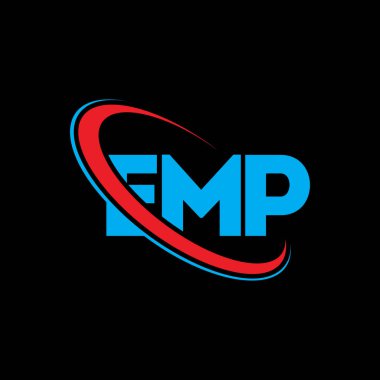 EMP logosu. EMP mektubu. EMP mektup logosu tasarımı. Çember ve büyük harfli monogram logosuyla birleştirilmiş EMP logosu. Teknoloji, iş ve emlak markası için EMP tipografisi.